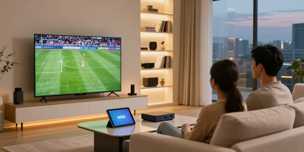 Couple enjoying test IPTV experience on a large screen in a cozy living room.