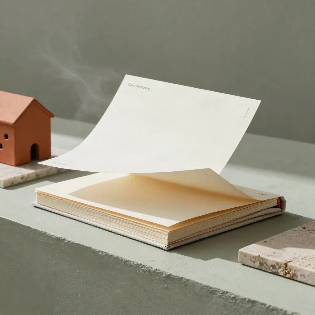 Folio crema SEO immobiliare con maquette di casa, campioni di pietra e lino su sfondo soffuso.