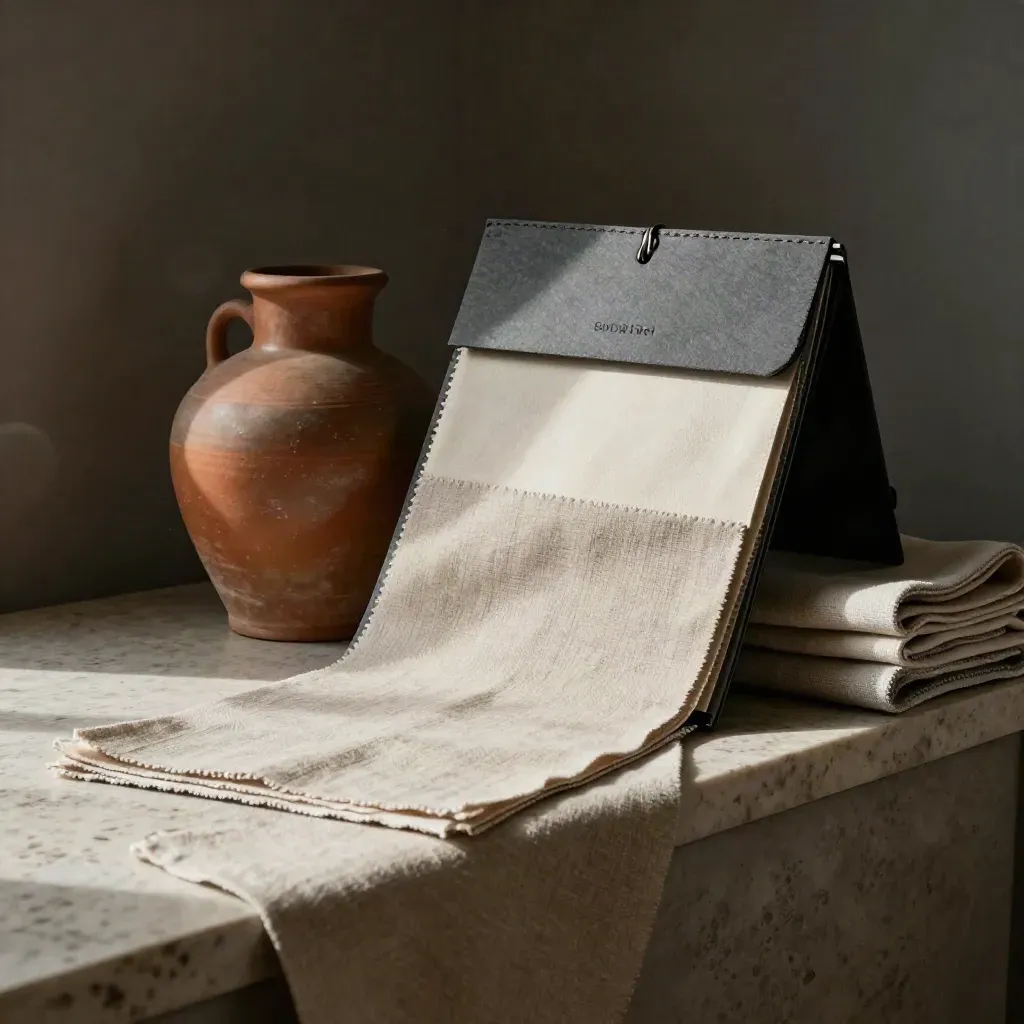 Kit per social interior con cartellina opaca, vaso in ceramica e campioni di lino su pietra calda.