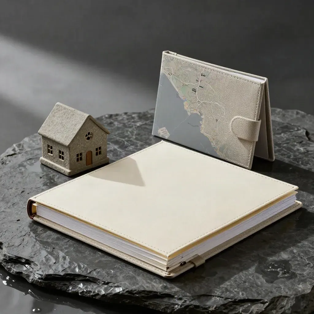 Binder SEO aperto su pietra bagnata con casetta in pietra e card piegata, luce radente