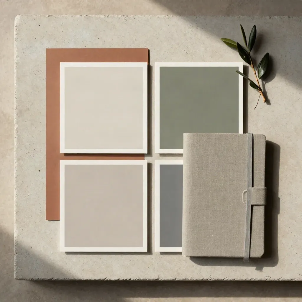 Flatlay dall’alto con carte bianche, taccuino piegato e ramoscello su lastra di cemento