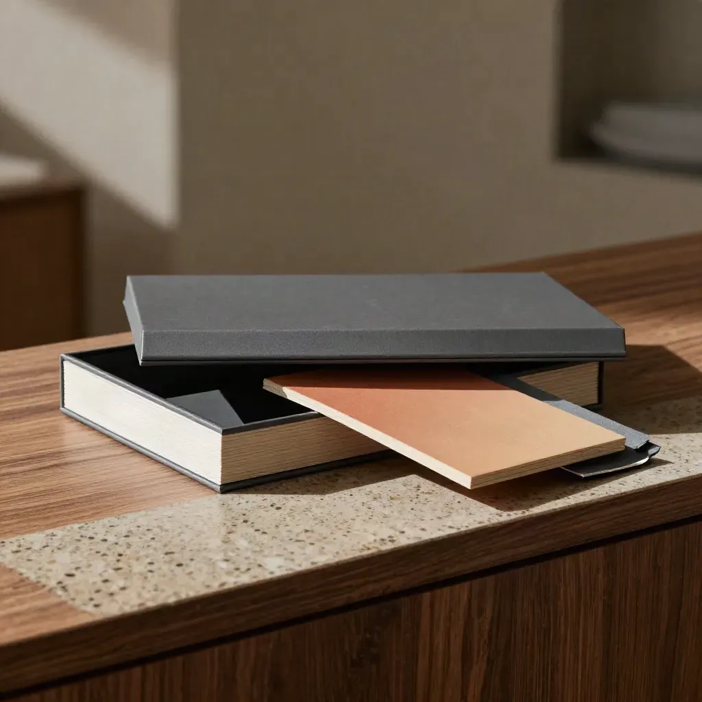 Box base per ads immobiliari con inserti grafite su travertino e accento terracotta.