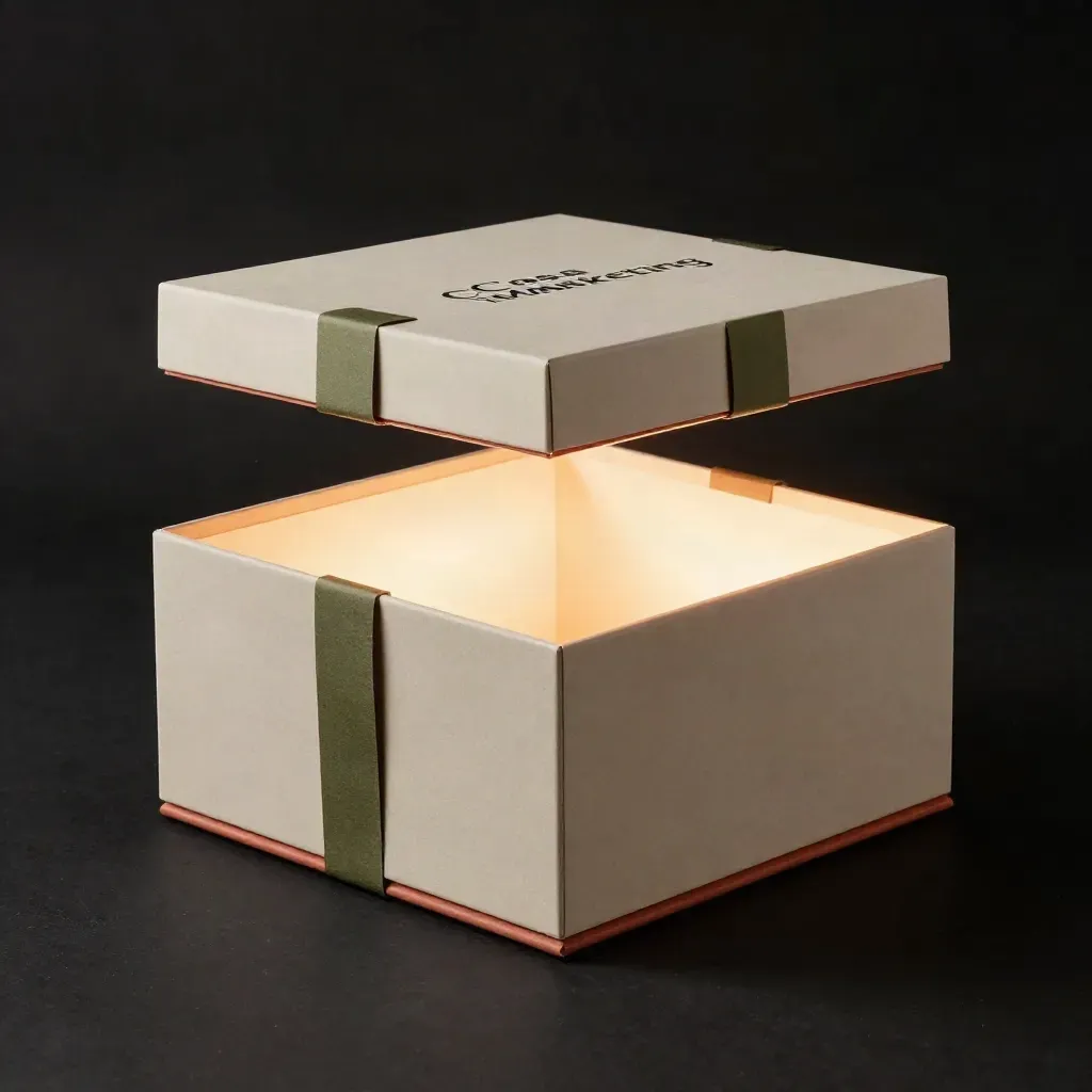 Box campagna marketing premium che si apre con luce calda su base in pietra e inserti terracotta