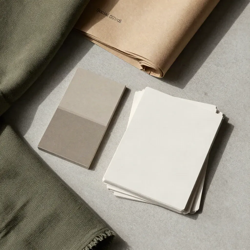 Kit social per arredo con lino, argilla e card bianche su cemento chiaro.