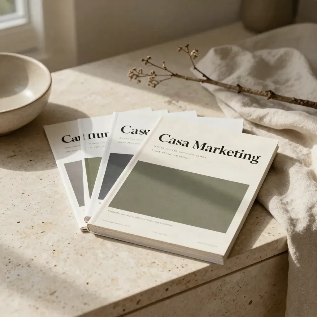 Bundle editoriale Casa Marketing con ciotola in ceramica, ramo secco e lino su travertino.