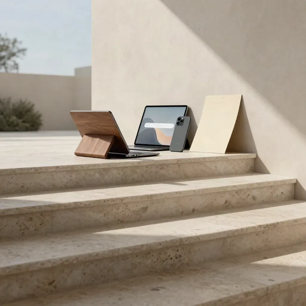 Gradini in travertino con laptop, tablet e smartphone, luce calda e spazio vuoto per il titolo
