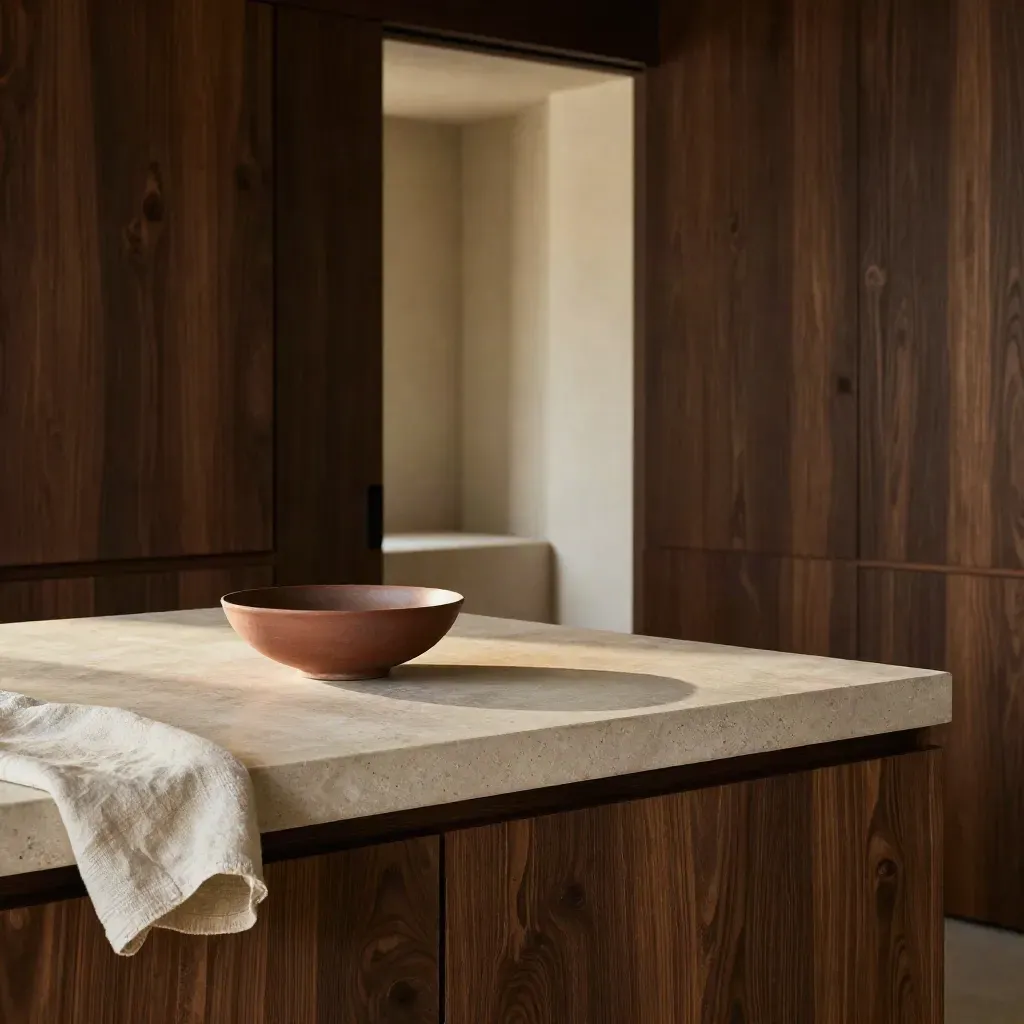 Interno caldo in legno scuro e pietra, con ciotola in ceramica e luce dalla porta.
