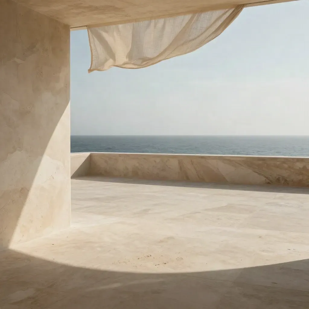 Terrazza costiera in pietra chiara con telo di lino mosso dal vento e mare sullo sfondo