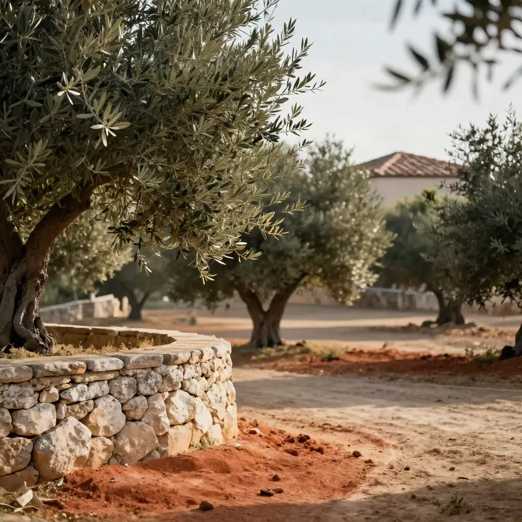 Bordo di uliveto con muretto in pietra e tetto lontano, luce calda e spazio calmo per il testo.