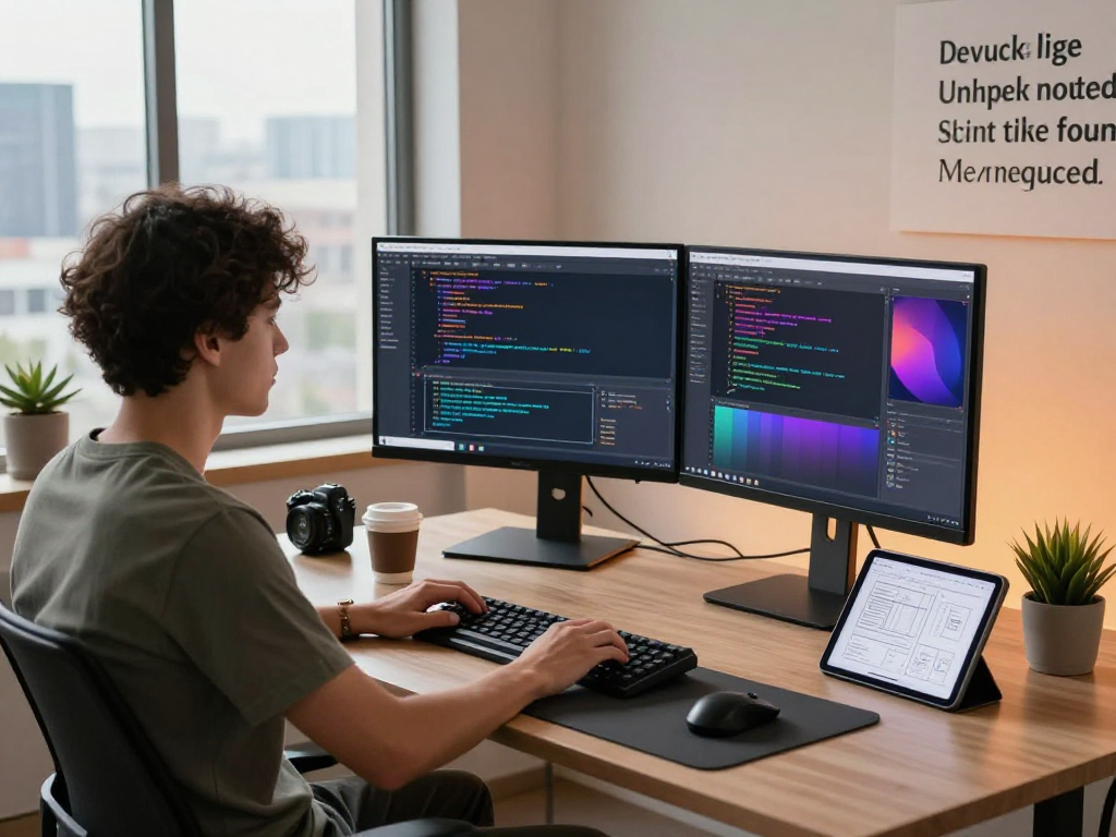 A software engineer using hot AI tools in a modern workspace, showcasing code on dual monitors with a city skyline view.