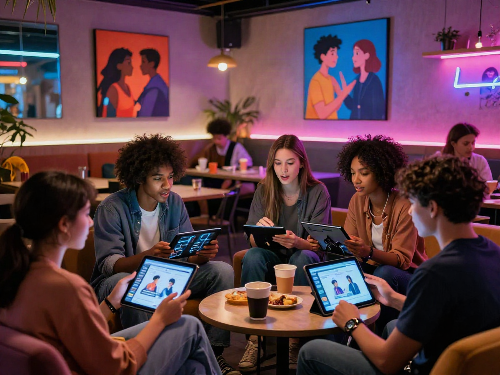 Engaging in free ai sex chat in a vibrant urban lounge with neon lights.